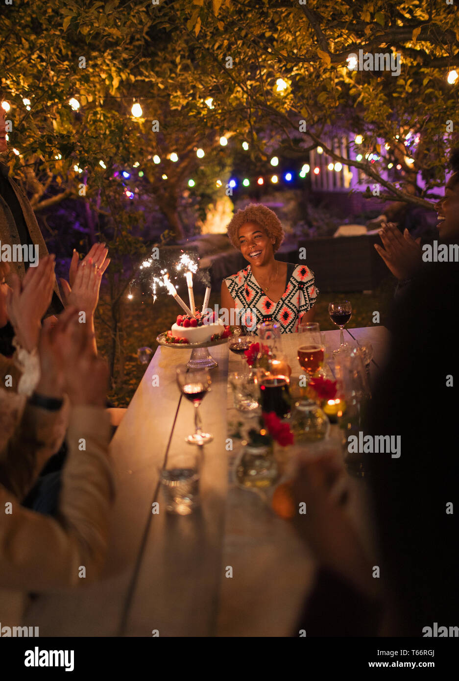 Gerne Freunde feiern Geburtstag mit Wunderkerzen Kuchen im Garden Party Tabelle Stockfoto