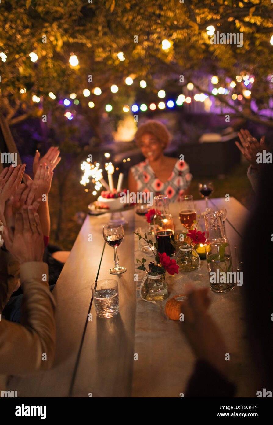 Freunde feiern Geburtstag im Garten party Tabelle Stockfoto