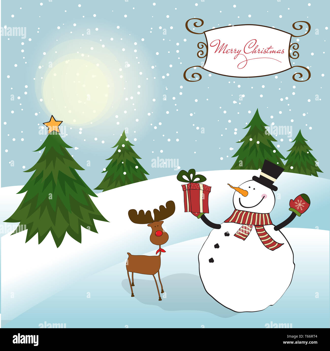 Weihnachtsgrußkarte mit Schneemann Stockfoto
