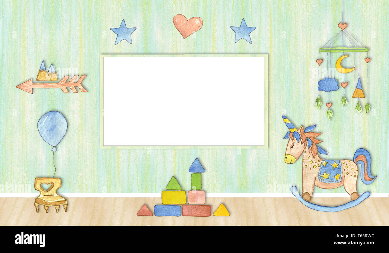 Mockup Rahmen Im Kinderzimmer Aquarell Abbildung Stockfoto