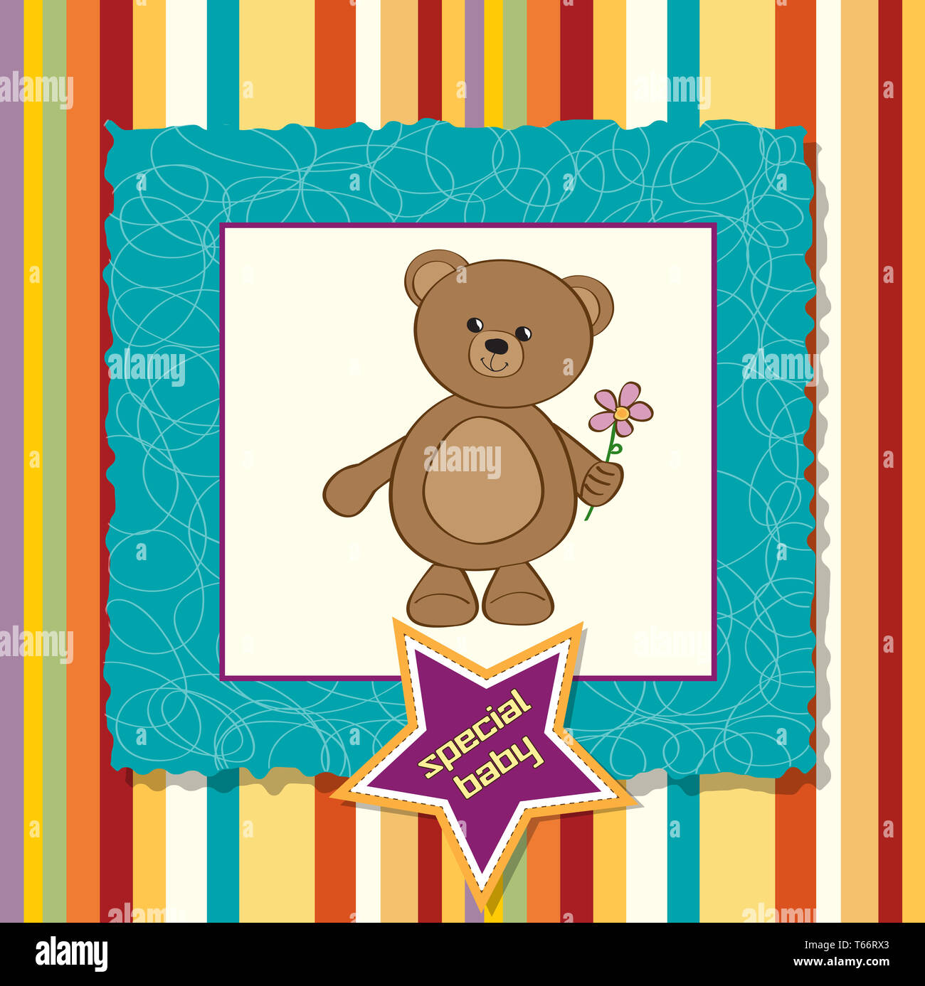 Baby Ankündigung Karte mit Teddybär und Blume Stockfoto