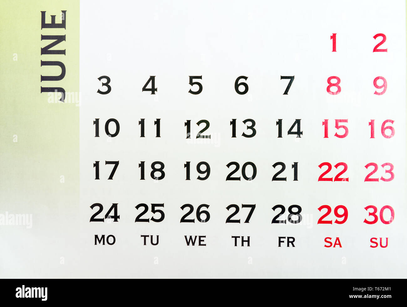 Wand Kalender Juni Ansicht von oben. Sie können jeden Tag markieren. Kopieren Sie Raum für Nachricht Stockfoto
