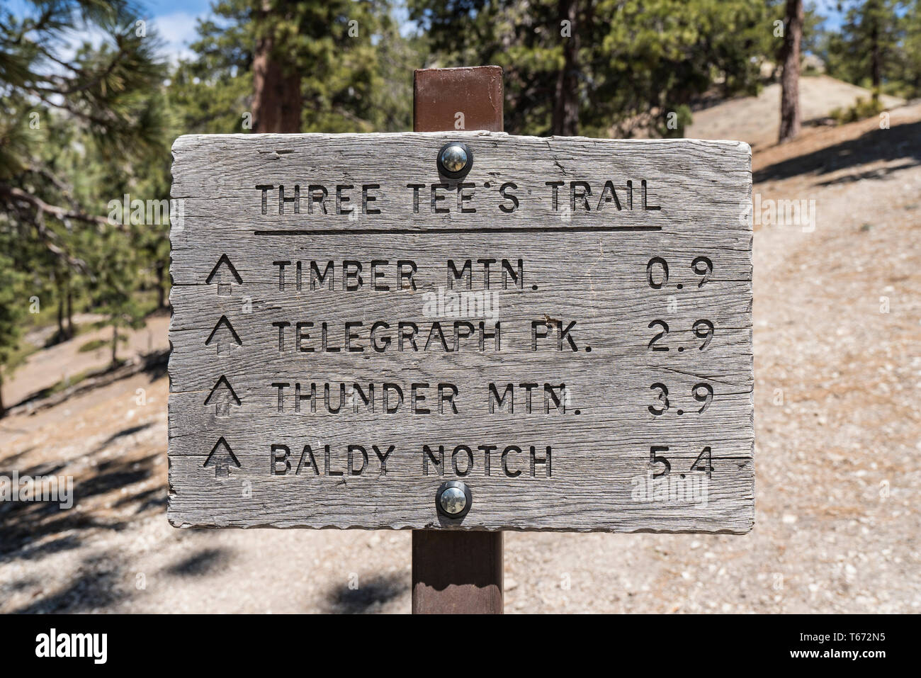 Drei Tees trail Zeichen in der Nähe von Mt Baldy und Icehouse Canyon der Angeles National Forest. Eine beliebte Wildnis Wandergebiet in der Nähe von Los Angeles und Pasaden Stockfoto