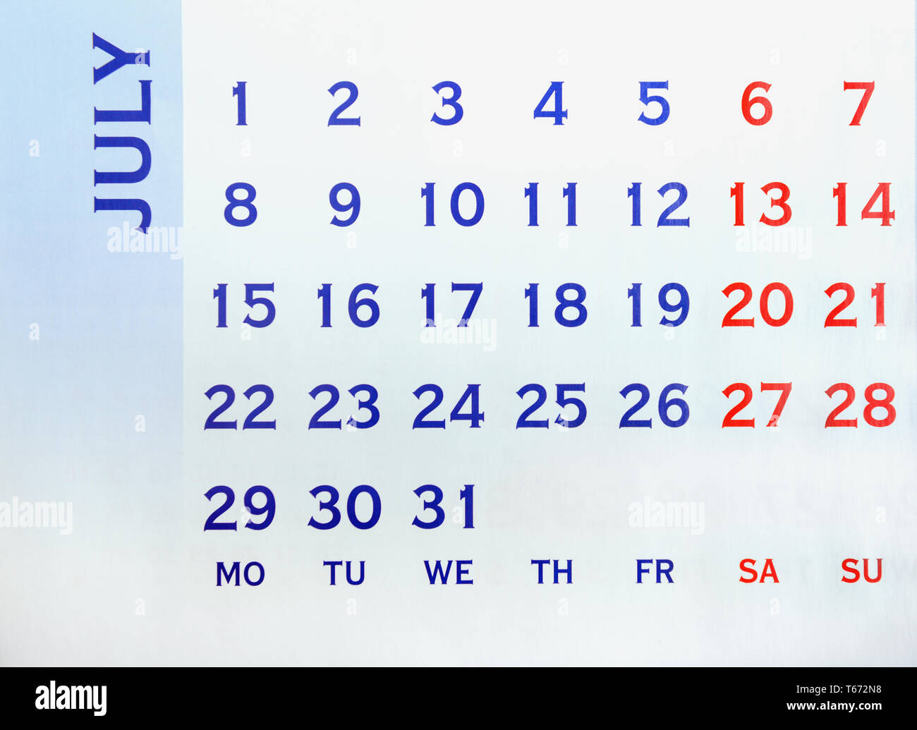 Wand Kalender Juli Ansicht von oben. Sie können jeden Tag markieren. Kopieren Sie Raum für Nachricht Stockfoto