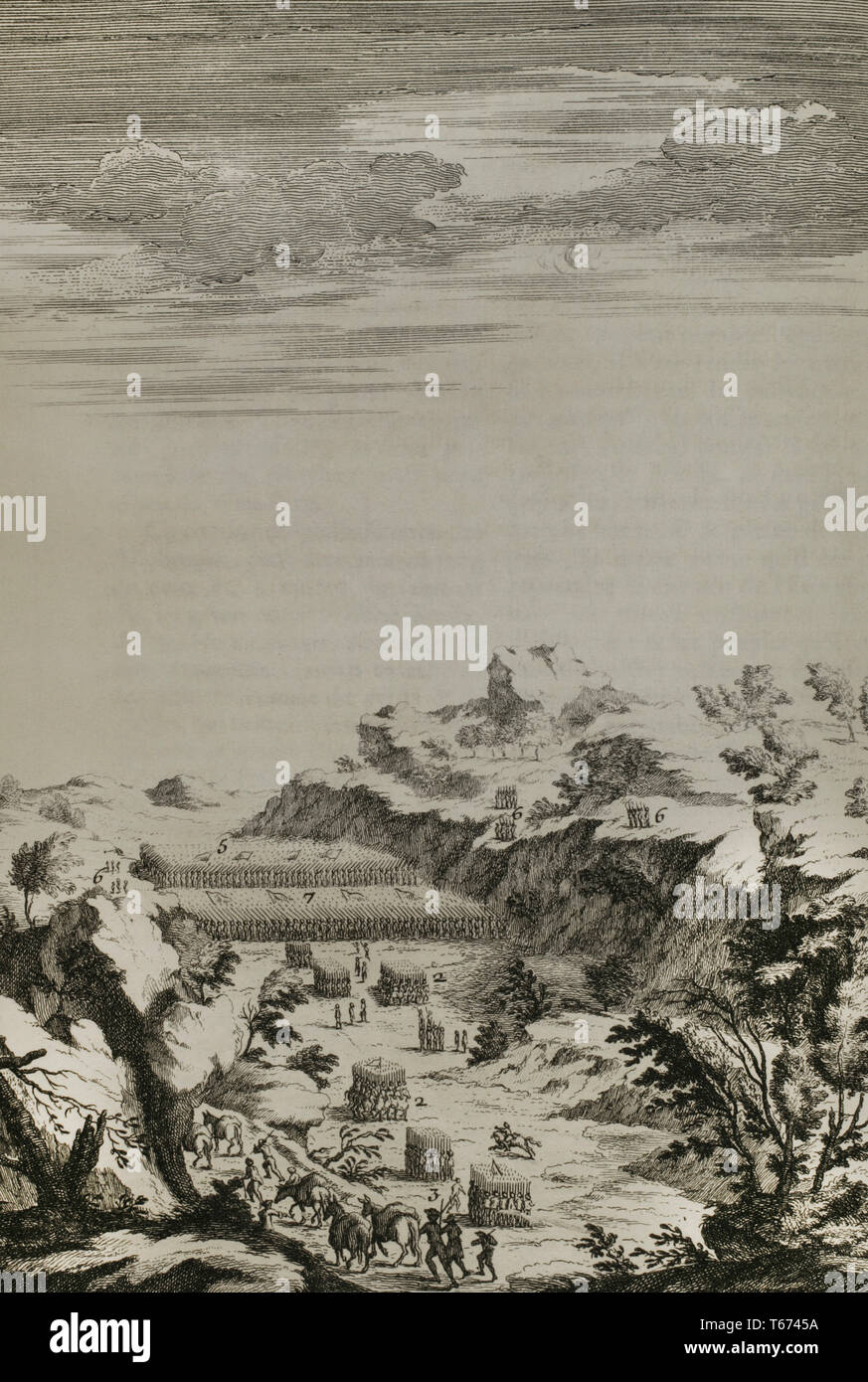 Geschichte von polybius. Band IV. Französische Ausgabe aus dem Griechischen übersetzt von Dom Vincent Thuillier. Kommentare der militärischen Wissenschaft angereichert mit kritischen und historische Notizen von M. de Folard. Paris, Chez Pierre Gandouin, Julien-Michel Gandouin, pierre-francois Giffart und Nicolas-Pierre Armand, 1728. Zweiten Punischen Krieg. Zwischen den Karthagern, geführt von Hannibal und Allobroges (keltischer Stamm von Gallien), in den Alpen. Zweiten Punischen Krieg. 3. Jahrhundert v. Chr.. Gravur. Stockfoto