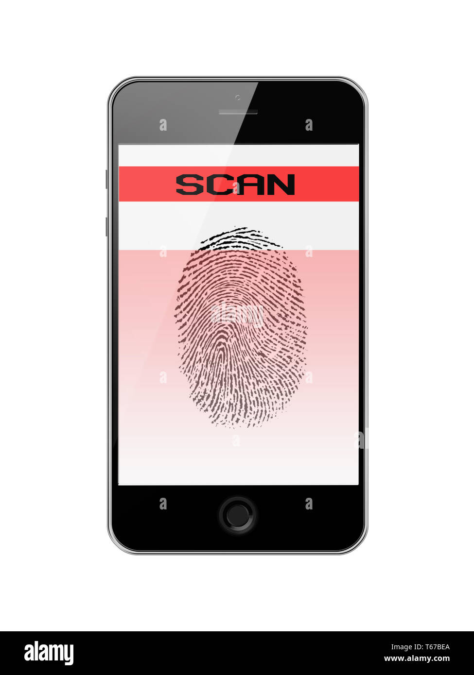 Smart Phone mit Fingerabdruck von Daumen isoliert auf Weiss. Stockfoto