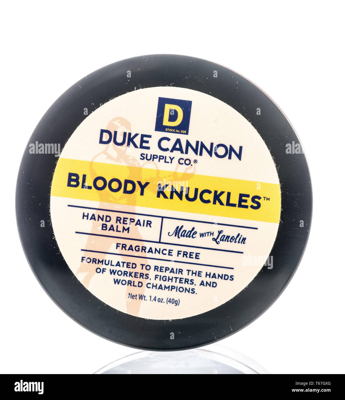 Winneconne, WI - 26. April 2019: ein Paket von Herzog cannon Bloody knuckles Hand repair Balsam auf einem isolierten Hintergrund Stockfoto