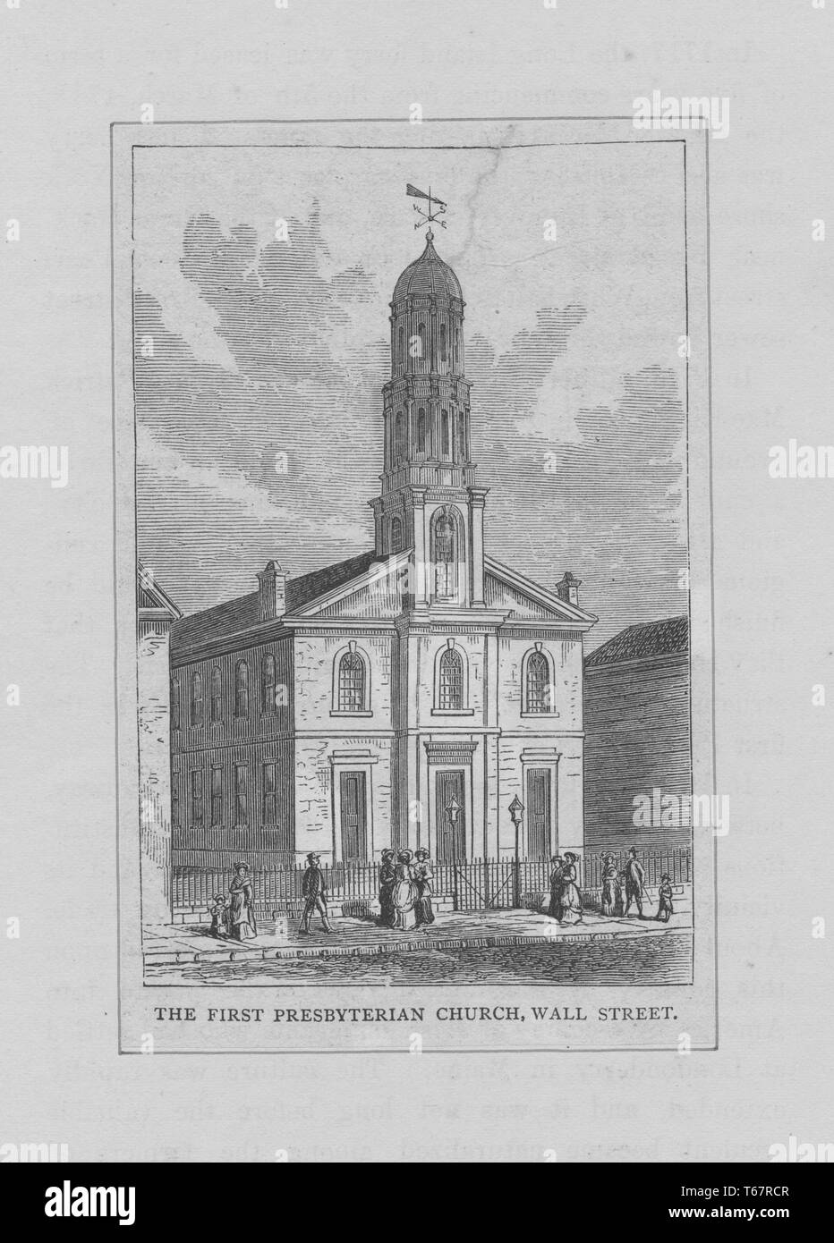 Eine Radierung mit der Darstellung der ersten presbyterianischen Kirche, wie es an der Wall Street, New York City, New York, 1750 stand. Von der New York Public Library. Stockfoto