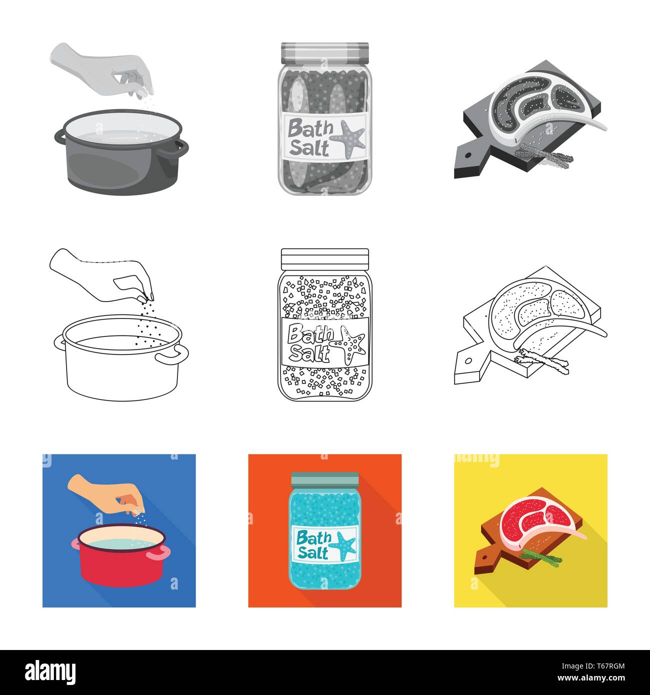 Kasserolle, Flasche, Fleisch, Wasser, salzig, Brett, Badewanne, arm, Spa, Restaurant, Gewürze, Vintage, Streuen, Pulver, weiß, Mehl, sauber, Container, Picknick, kochen, Meer, Natur, Backen, Salz, Nahrungsmittel-, Natrium-, Mineral, Raw, Küche, Set, Vector, Icon, Illustration, isoliert, Sammlung, Design, Element, Grafik, Zeichen, Vektor, Vektoren, Stock Vektor