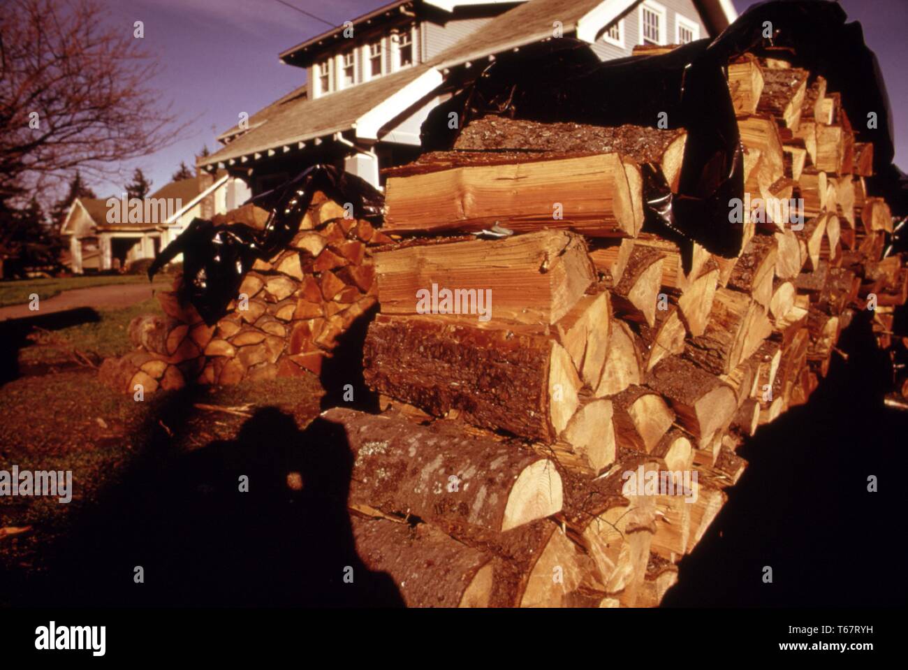 Bis die Krise es sehr ungewöhnlich war Holz auf vorderen Rasen, wie dieser Stapel gestapelt zu bemerken. Preise für vorgeschnittene Holz emporgeschnellt über Nacht, aber es war trotzdem gekauft. Mit freundlicher National Archives, United States, 1973. Stockfoto