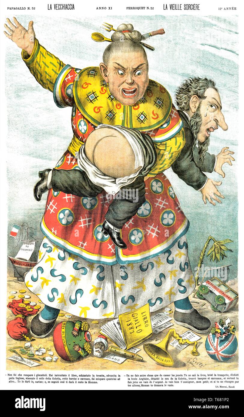 Die alte Dame, die satirische Karikatur wöchentliche Il Papagallo 1883 Stockfoto