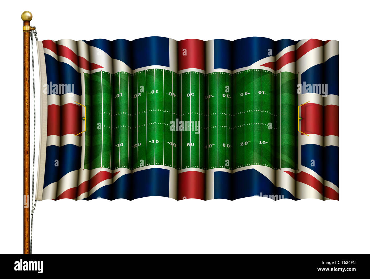 Digitale Illustration eines American Football Feld und die Britische Flagge zusammen. 3D-Darstellung Stockfoto