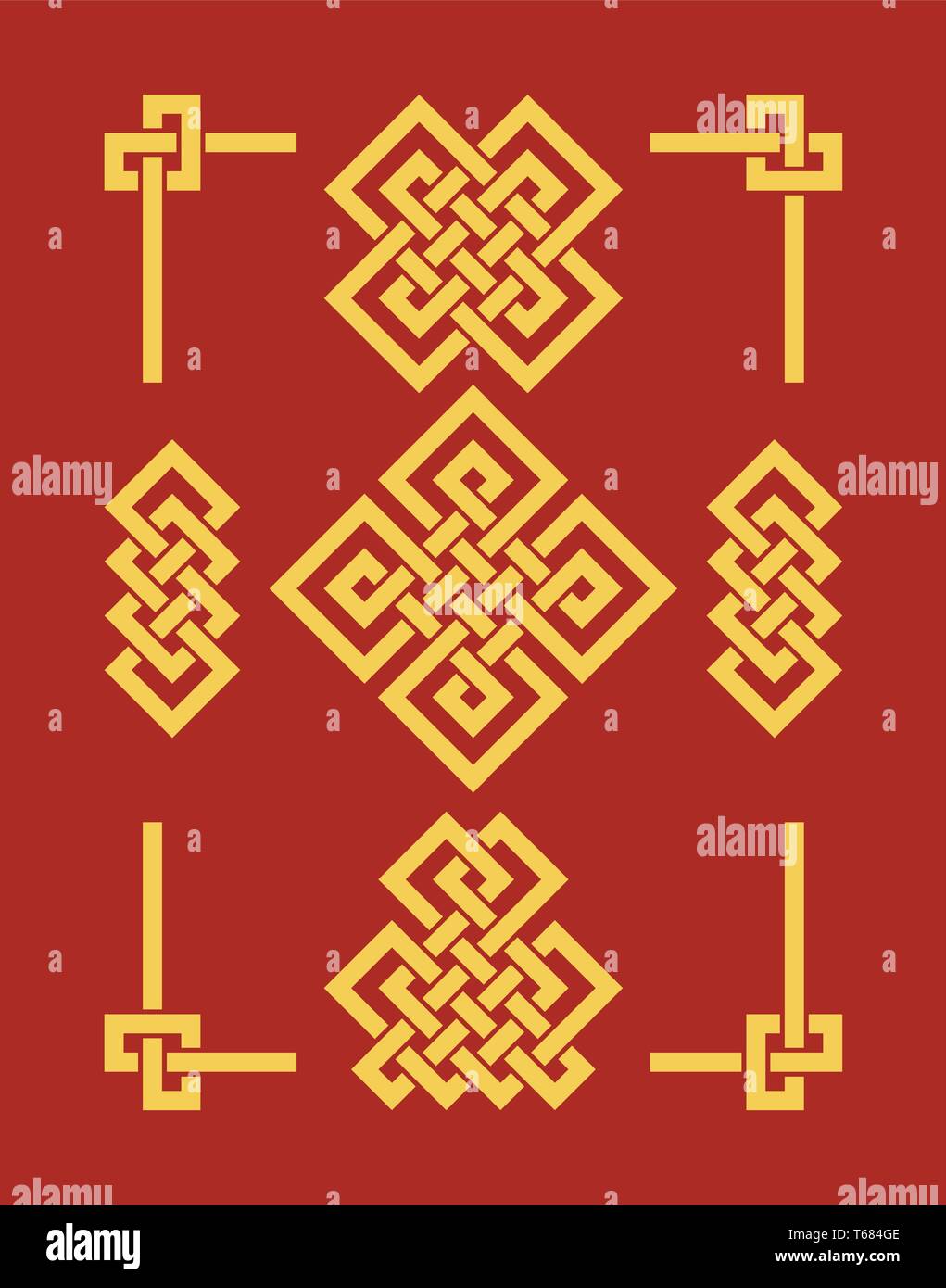 Endlose Auspicious Knoten gesetzt. China Ornament - Symbol für Tibet, Ewige, Buddhismus und Spiritualität. Feng Shui Element, geometrische Verzierung. Heilige geom Stock Vektor