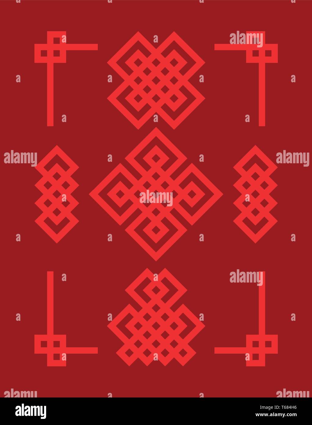 Endlose Auspicious Knoten gesetzt. China Ornament - Symbol für Tibet, Ewige, Buddhismus und Spiritualität. Feng Shui Element, geometrische Verzierung. Heilige geom Stock Vektor