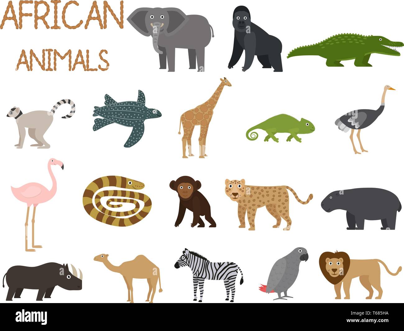 Afrikanische Tiere der Symbole im flachen Stil festgelegt, der afrikanischen Fauna, Elefant, Nashorn, Löwe, Papagei, etc. Vector Illustration Stock Vektor