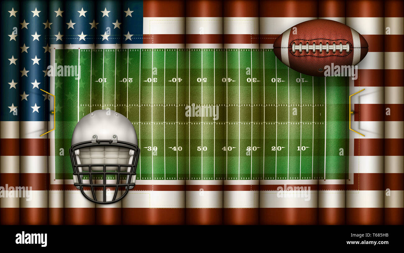 Digitale Illustration eines American Football Feld, den Vereinigten Flaggenstaaten, Helm, und ein Fußball alle zusammen. 3D-Darstellung Stockfoto
