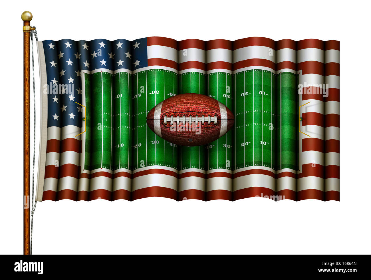 Digitale Illustration eines Vereinigten Flaggenstaaten auf einer Stange mit einer Draufsicht Fußballplatz mit der Flagge integriert. Eine ffotball schwimmt vor der fla Stockfoto