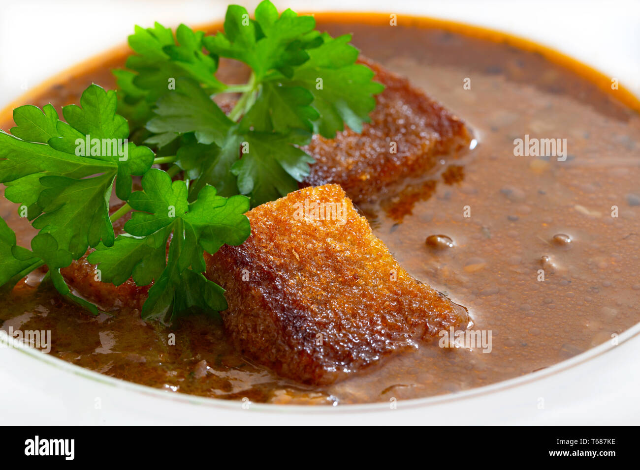 Niere Suppe mit Croutons und Petersilie Stockfoto