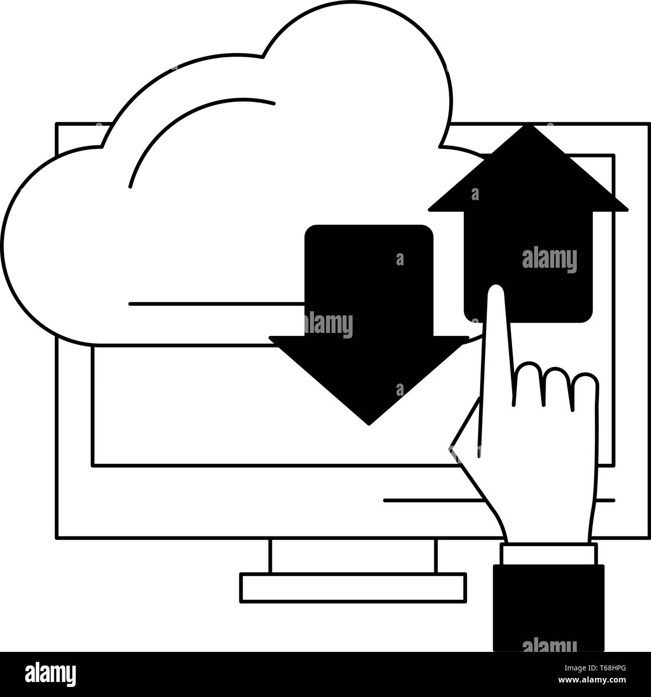 Computer und Cloud transfer in Schwarz und Weiß Stock Vektor