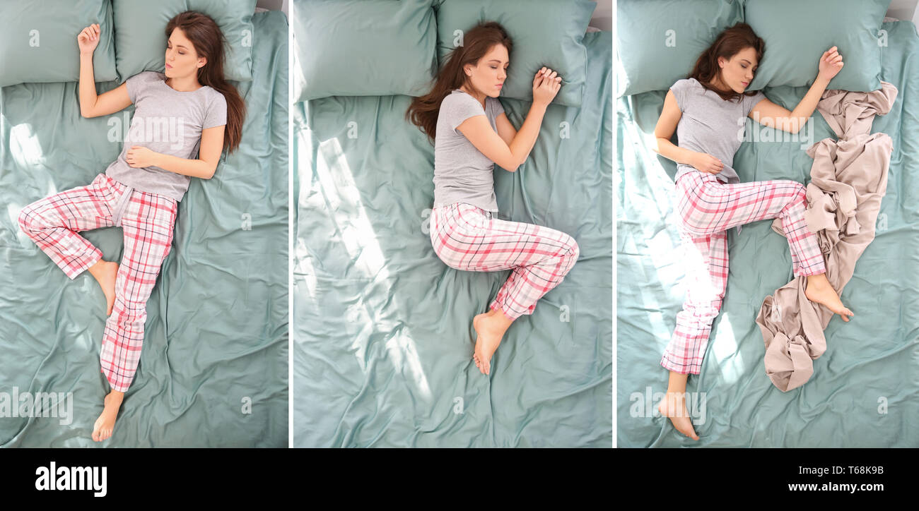 Schöne Frau schlafen in verschiedenen Positionen auf dem Bett, Ansicht von  oben Stockfotografie - Alamy