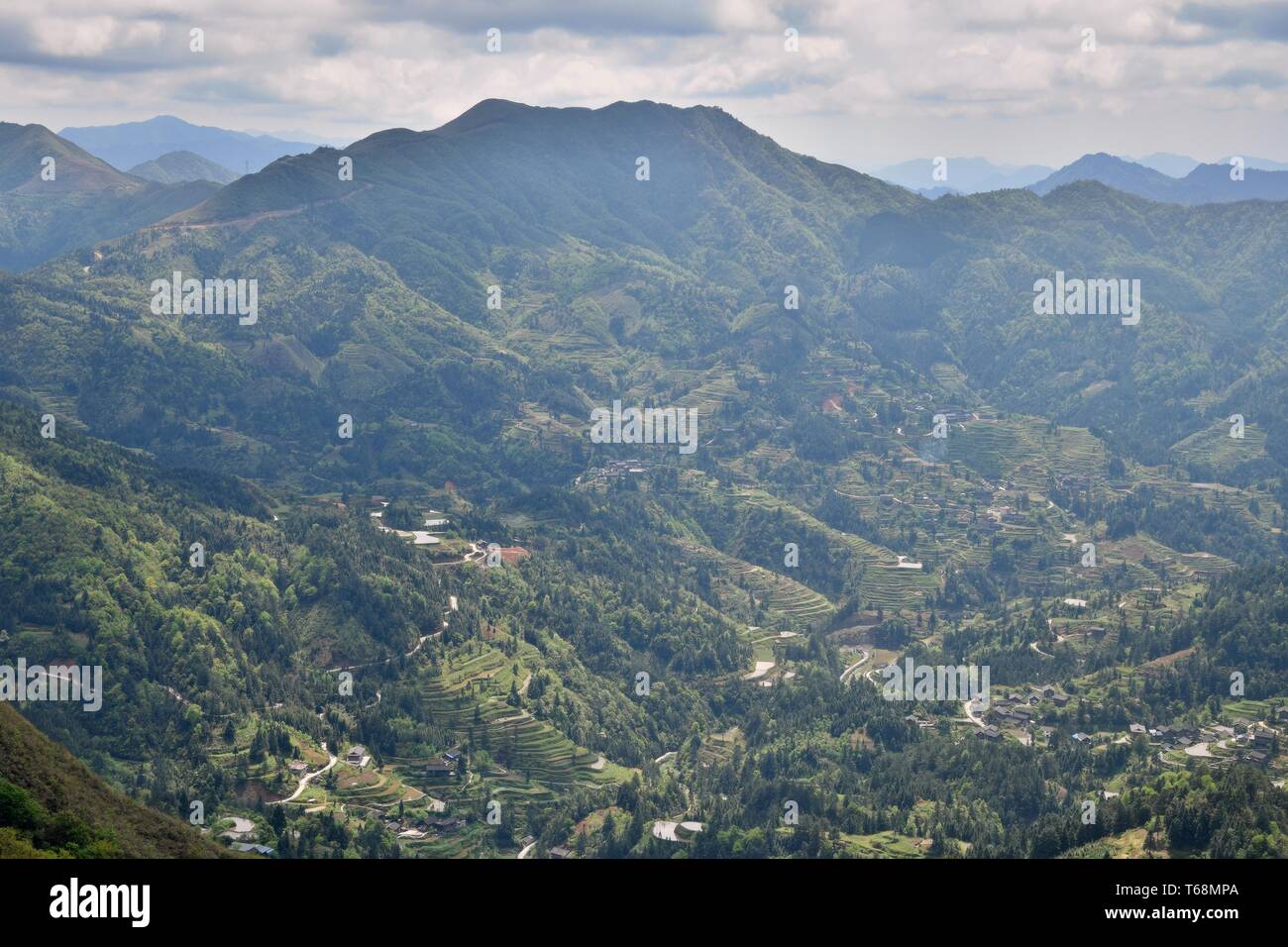 Die Landschaft der Provinz Guizhou in China. Hohe Berge, kleine Dörfer terrassierten Reisfeldern und Tee Felder in den Wolken versteckt. Stockfoto