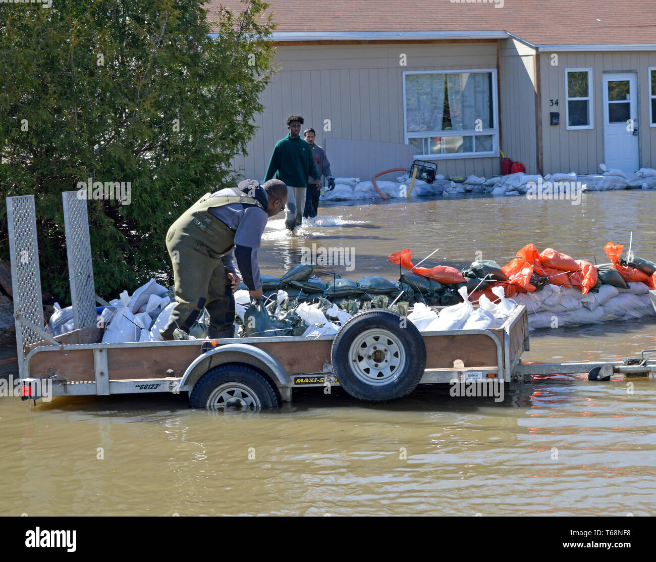 Freiwillige helfen, Laden und Entladen von Sandsäcken ein Haus von steigenden Hochwasser in Gatineau (in der Nähe von Ottawa) Kanada, während der Frühling Überschwemmungen von 2019 zu schützen. Stockfoto