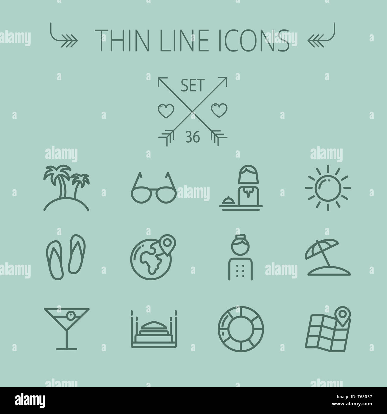 Dünne Linie Symbol Reiseset Stockfoto