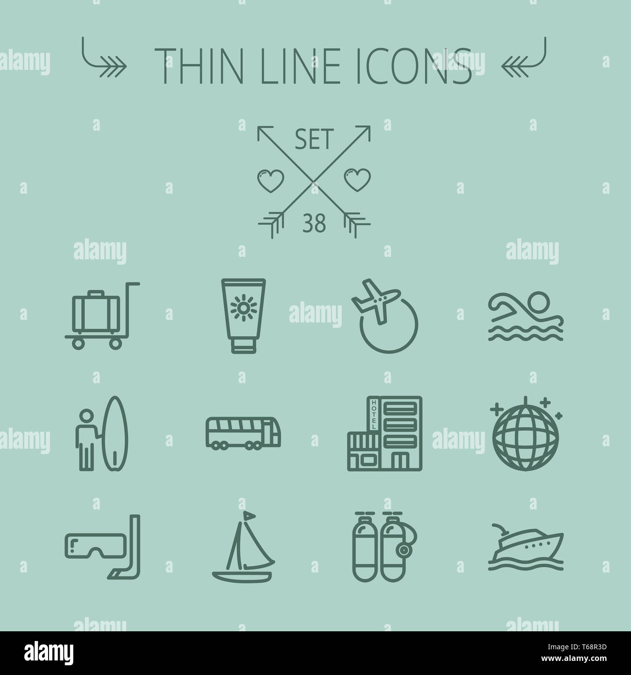 Dünne Linie Symbol Reiseset Stockfoto