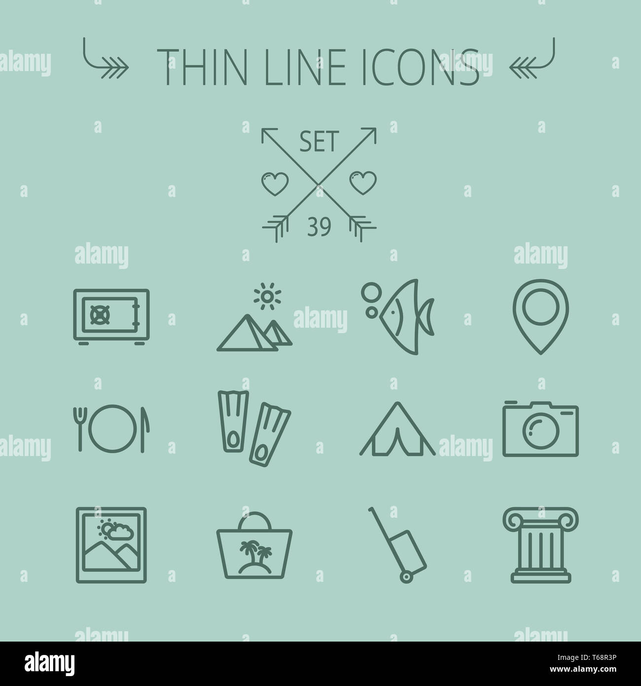 Dünne Linie Symbol Reiseset Stockfoto