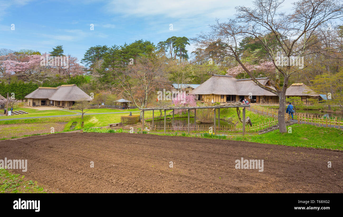 Kitakami, Japan - 22 April 2018: michinoku Folklore Dorf ist eine Fundgrube an historischen Häusern und folkloristische Artefakte. Die meisten Gebäude und Stockfoto