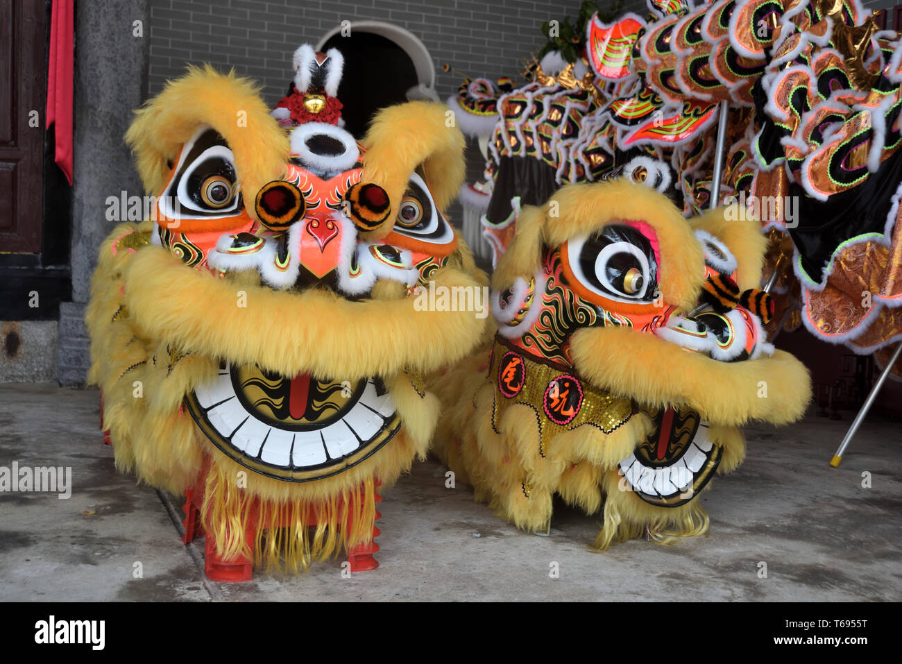 Löwenköpfe, Kostüm der traditionellen Löwentanz, Hong Kong Stockfoto