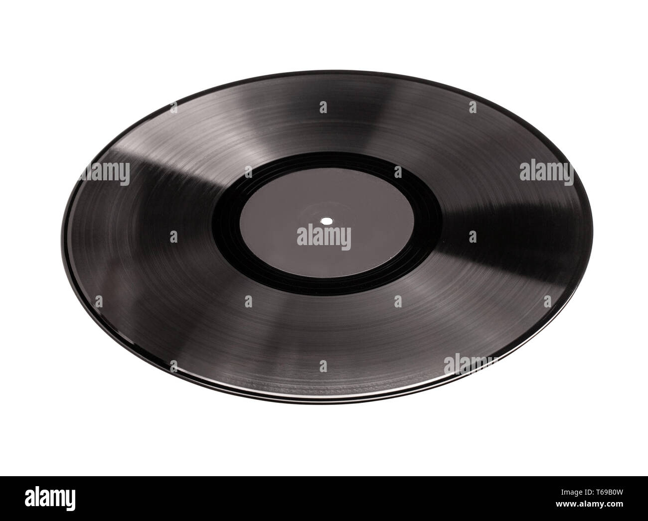 Schallplatte mit Black Label über Weiß mit Freistellungspfad isoliert Stockfoto