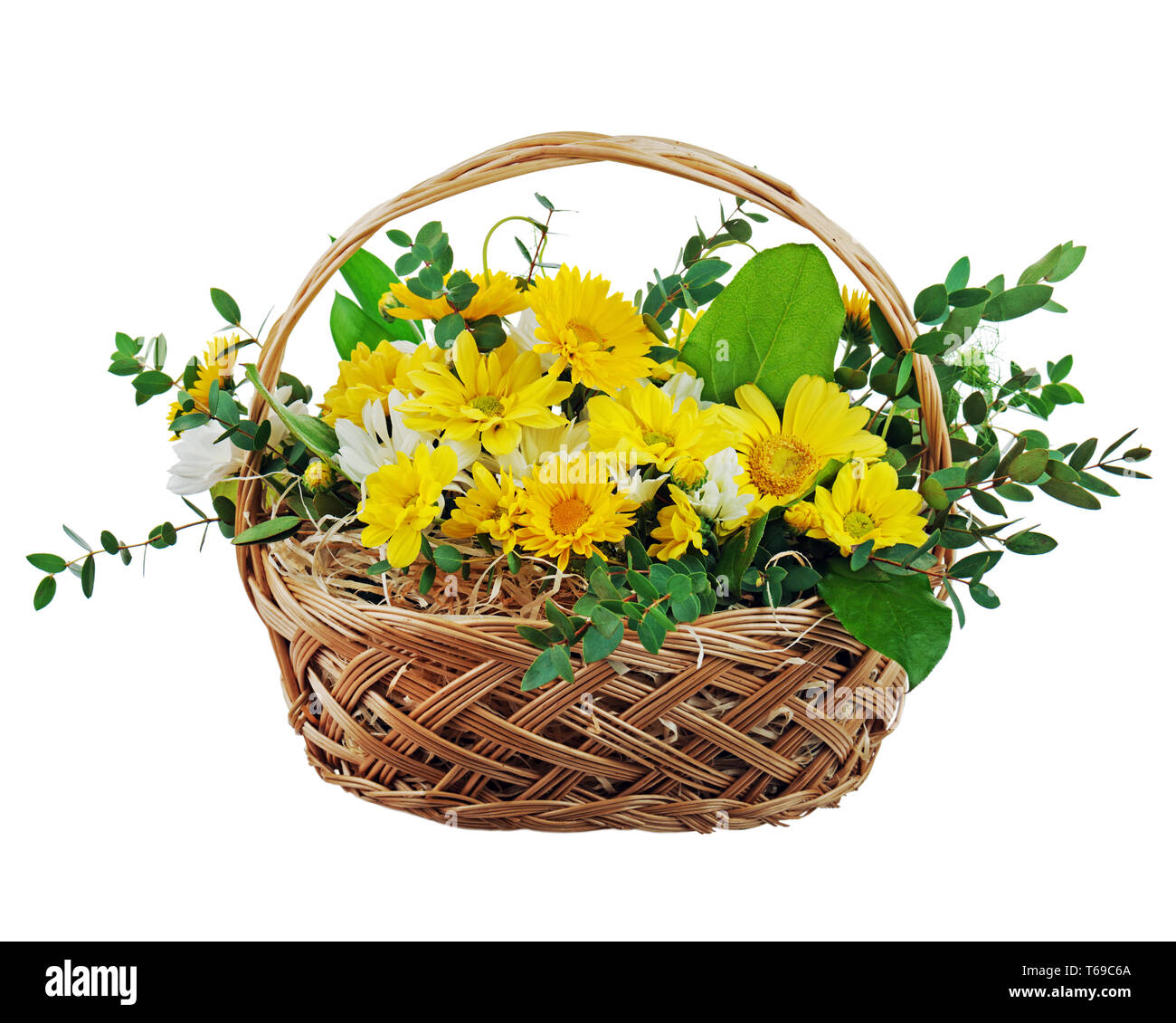Bunter Blumenstrauß aus Gerbera Blumen in Wicker Gi Stockfotografie
