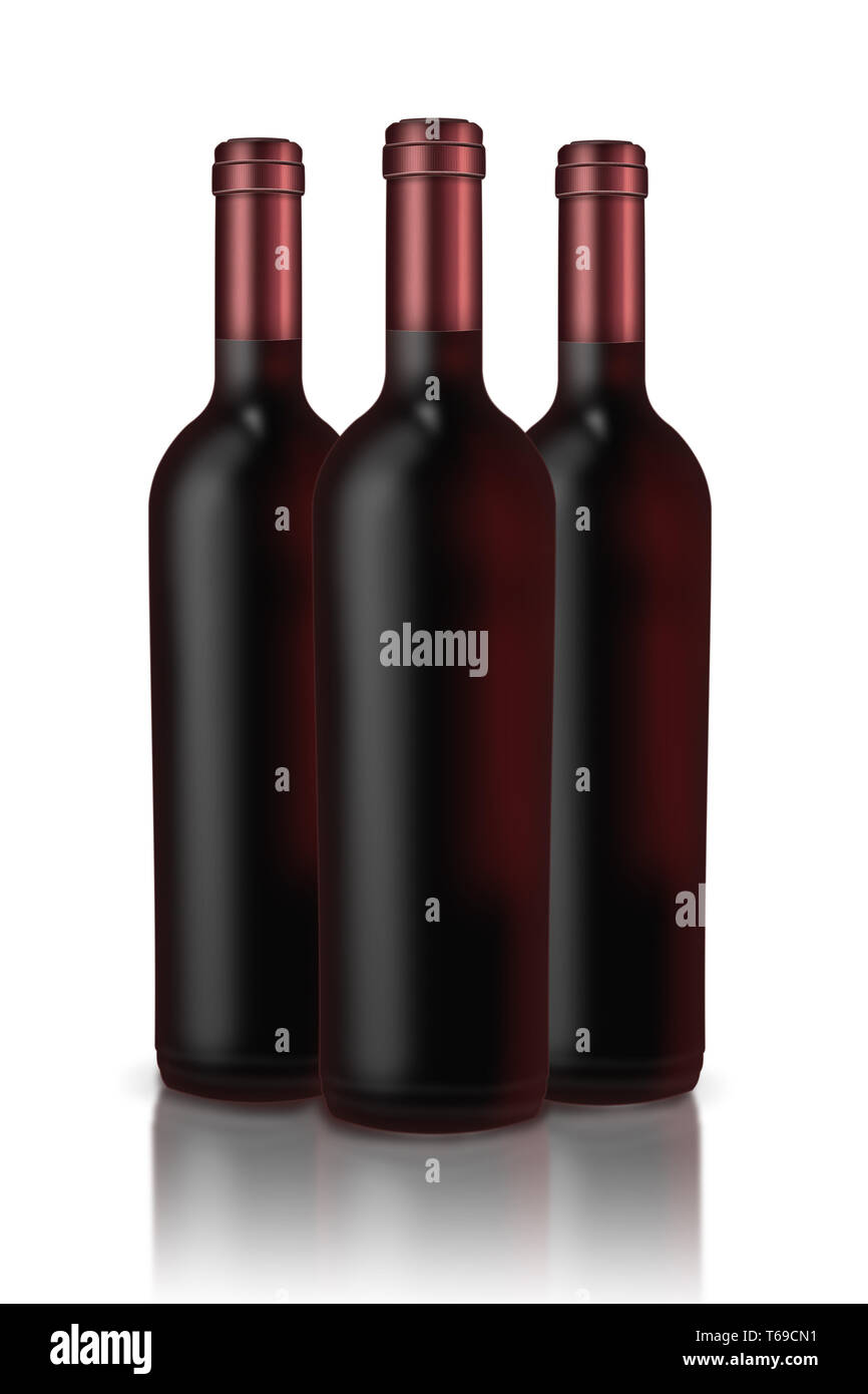 Flaschen Wein auf weißem Hintergrund. Stockfoto