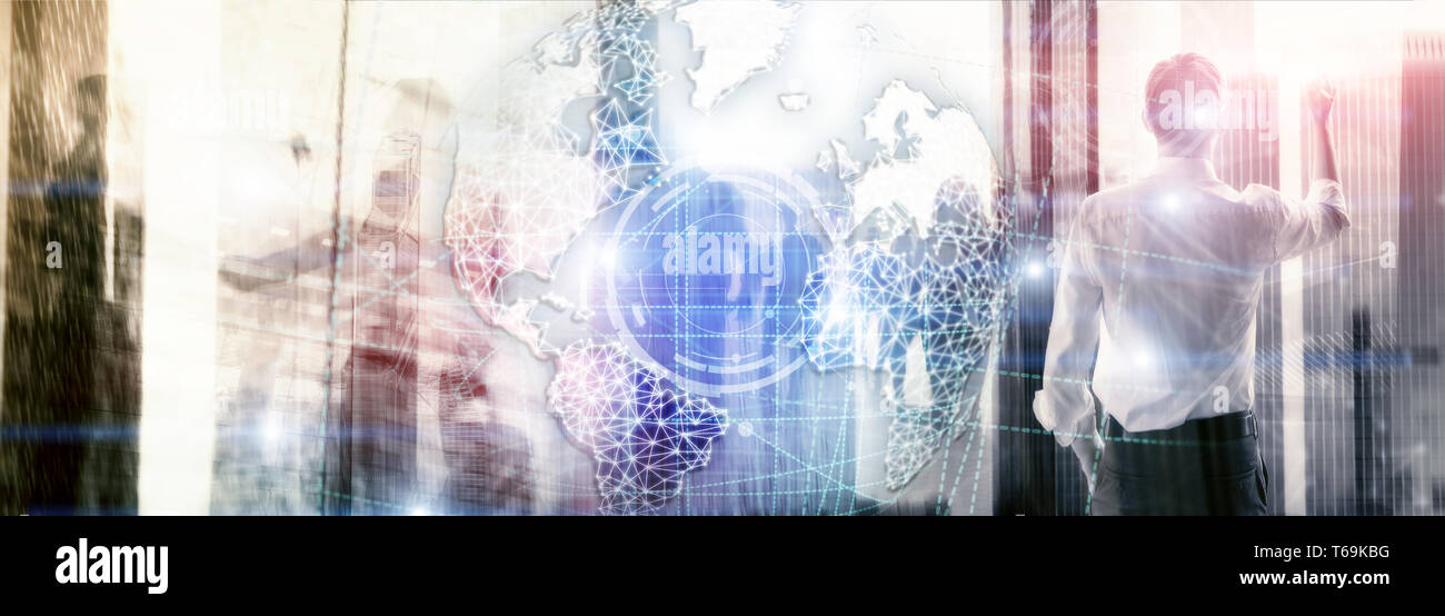 3D Erde Hologramm, Globus, WWW, Global Business und Telekommunikation. Website Banner Stockfoto