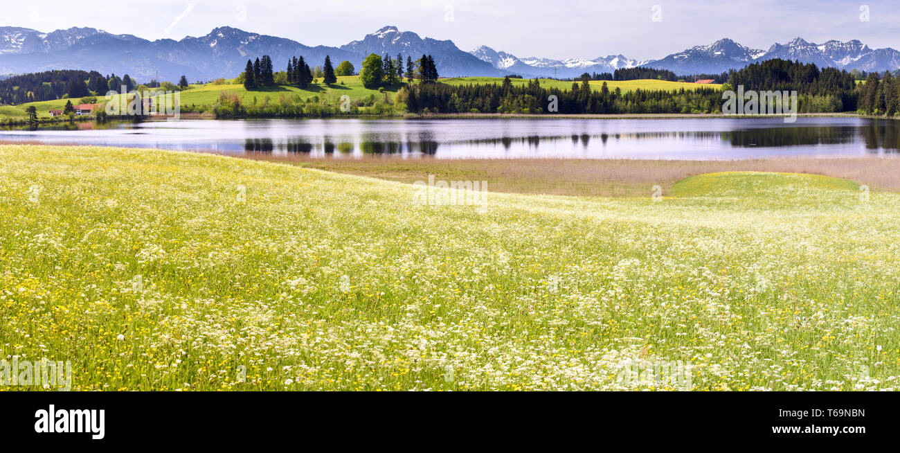 Breites panorama Landschaften in Bayern mit Blick auf den See und die Berge Stockfoto