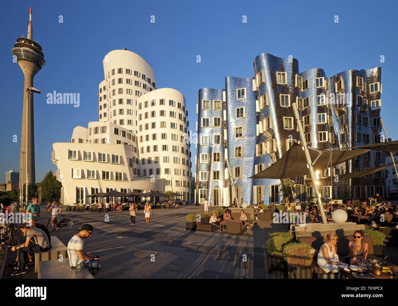 Neue Zollhof, Gehry Gebäude mit dem Rheinturm, Düsseldorf, Nordrhein-Westfalen, Deutschland Stockfoto