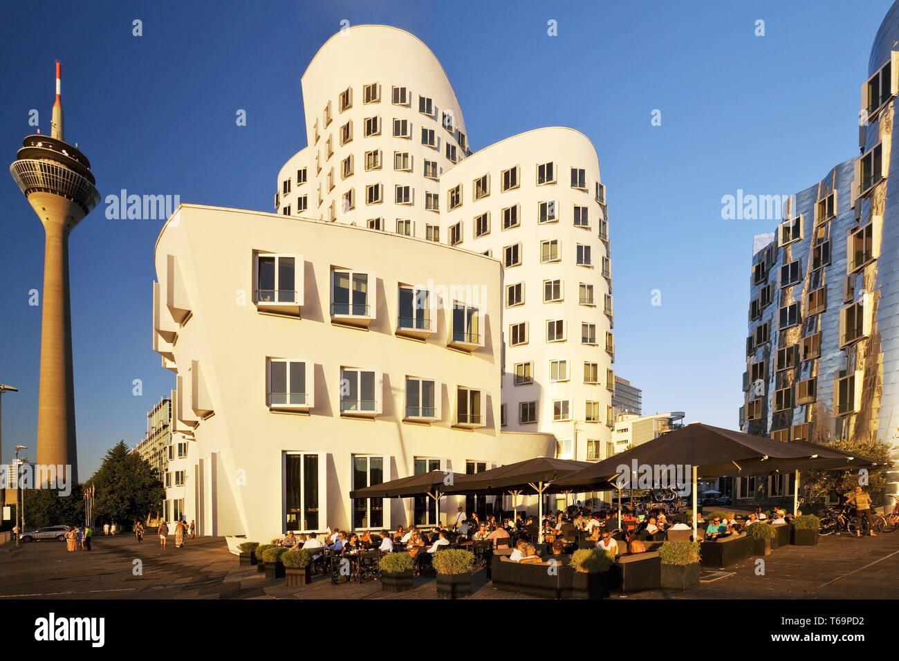 Neue Zollhof, Gehry Gebäude mit dem Rheinturm, Düsseldorf, Nordrhein-Westfalen, Deutschland Stockfoto
