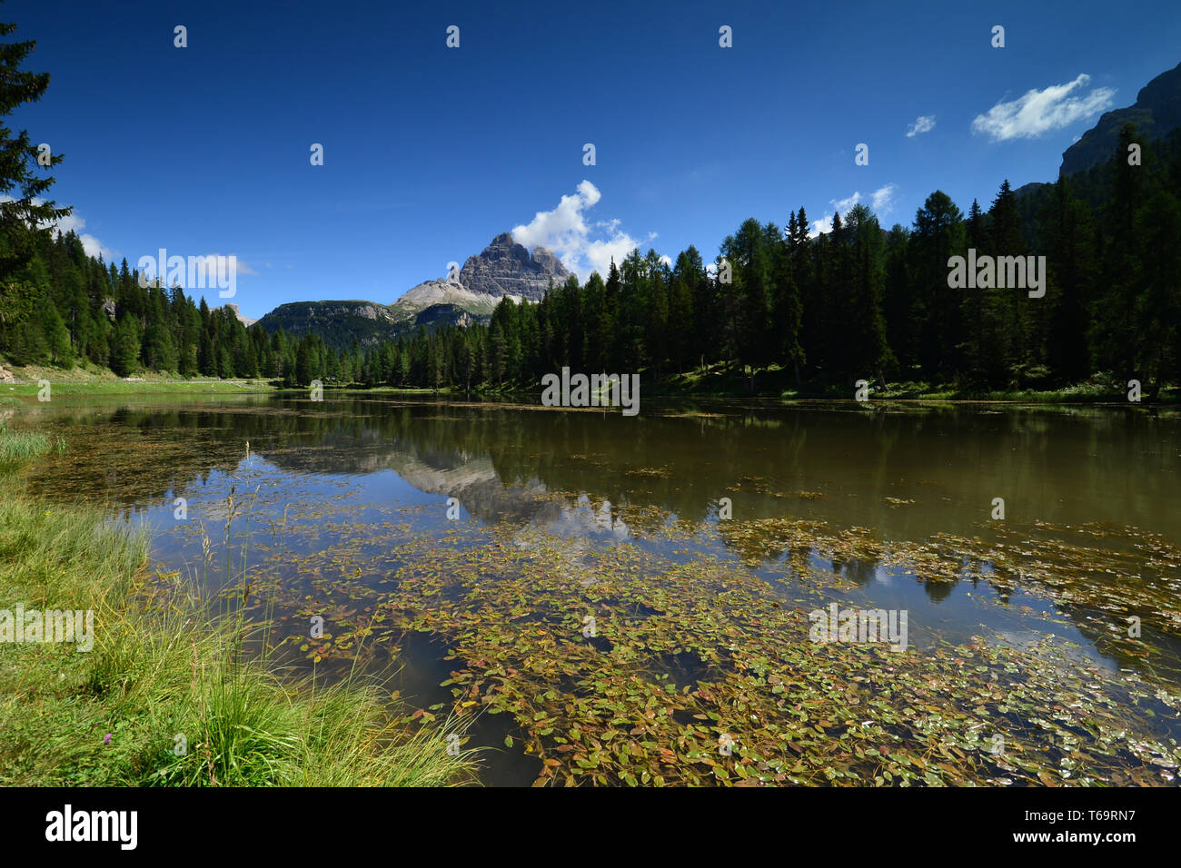 Italienische Dolomiten mit See und Spiegelungen im Vordergrund. Italien Stockfoto