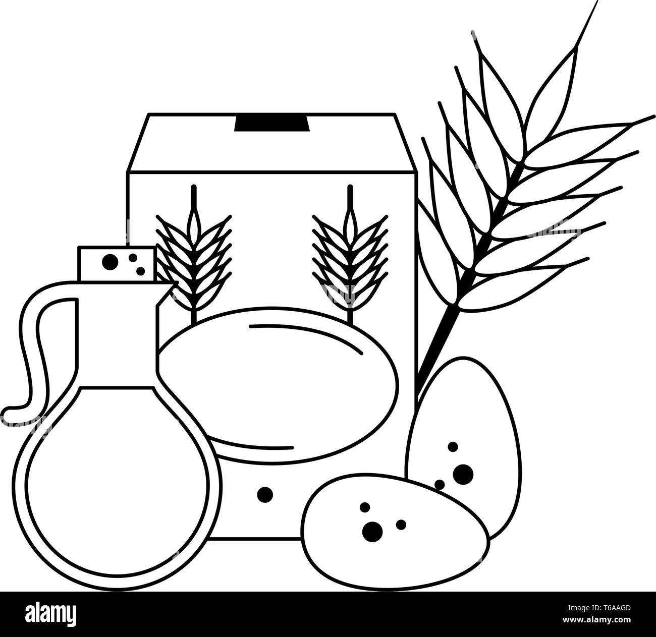 Weizen Mehl, Öl und Eier in Schwarz und Weiß Stock Vektor