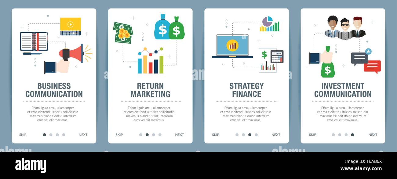 Banner mit Symbolen für Internet auf Websites oder App Vorlagen mit Business Communication, zurück Marketing, Strategie Finanzen und Investitionen communi Stock Vektor