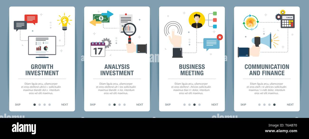 Banner mit Symbolen für Internet auf Websites oder App Vorlagen mit Wachstum der Investitionen, Analyse Investment, Business Meeting, Kommunikation und Finan eingestellt Stock Vektor