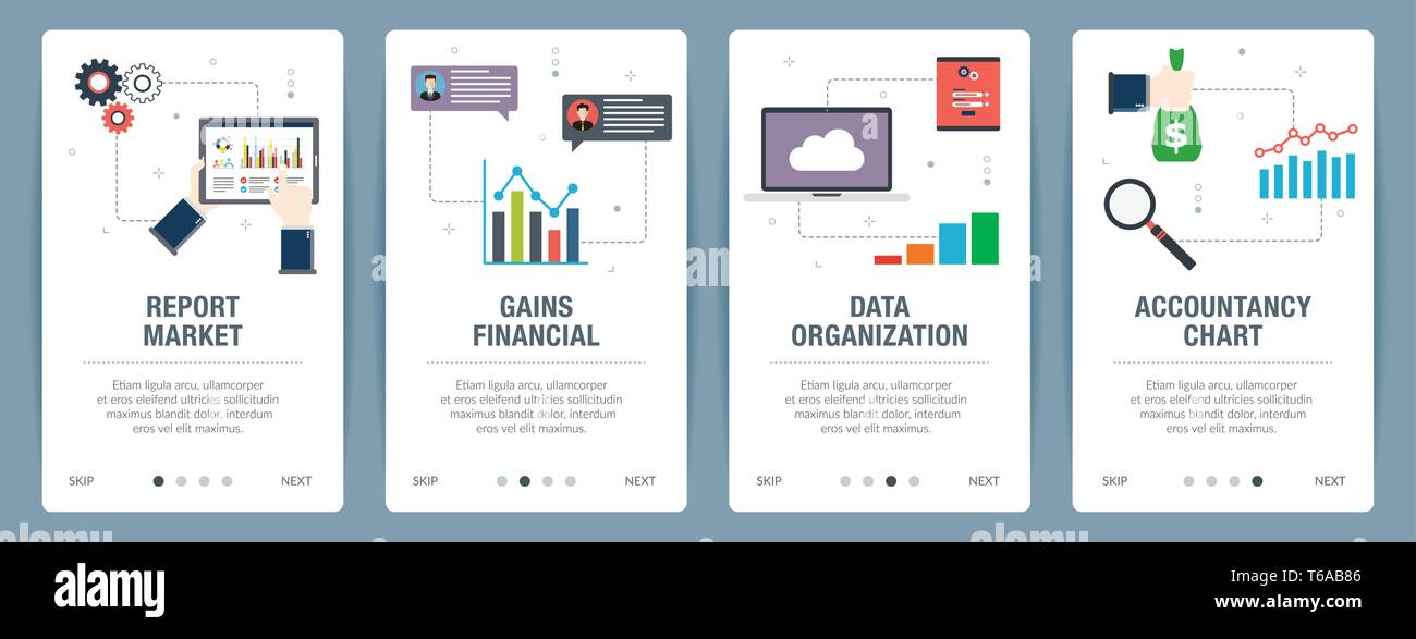 Web Banner Konzept in Vektor mit Bericht Markt, Gewinne Finanz-, Daten Organisation und Buchhaltung. Internet Website Banner Konzept mit Symbol Stock Vektor
