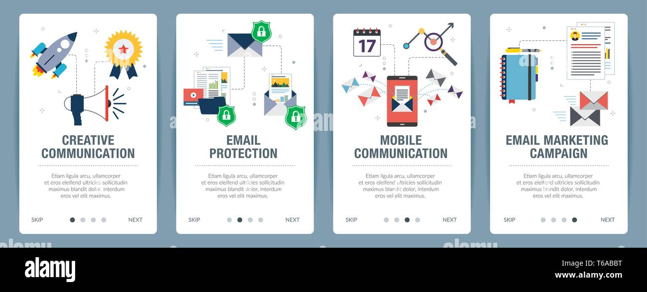 Vektor einrichten der vertikalen Web Banner mit Kommunikation, e-mail Schutz, mobile Kommunikation und E-Mail-Marketing. Vektor banner Vorlage für die Website ein Stock Vektor