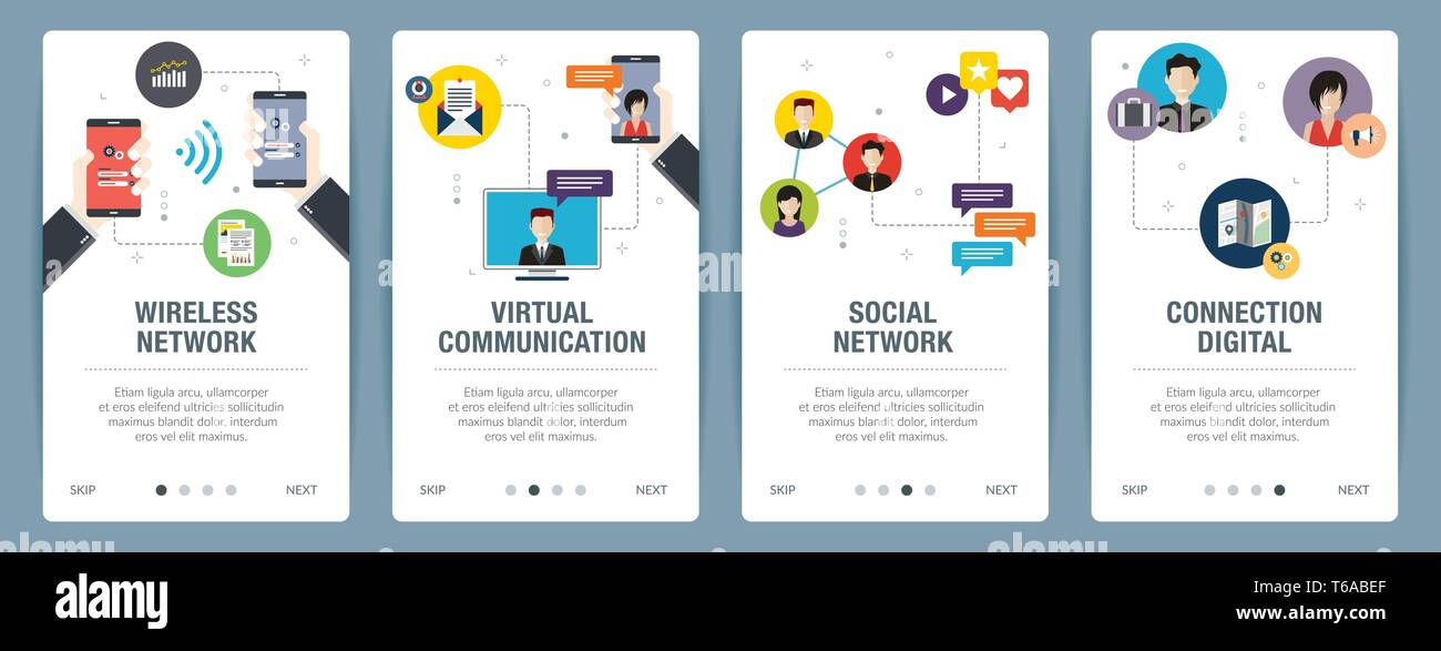 Vektor einrichten der vertikalen Web Banner mit wireless Netzwerk, virtuelle Kommunikation, soziales netzwerk, Anschluss digital. Vektor banner Vorlage für Websit Stock Vektor