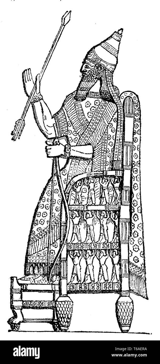Sanherib (Sîn-aḫḫe-eriba) auf seinem Stuhl vor der Stadt Lachis (Lachisch, Lakhisha). Assyrische König Sanherib wurde als Sohn von Sargon II. von 705 bis 680 v. Chr., 1885 Stockfoto
