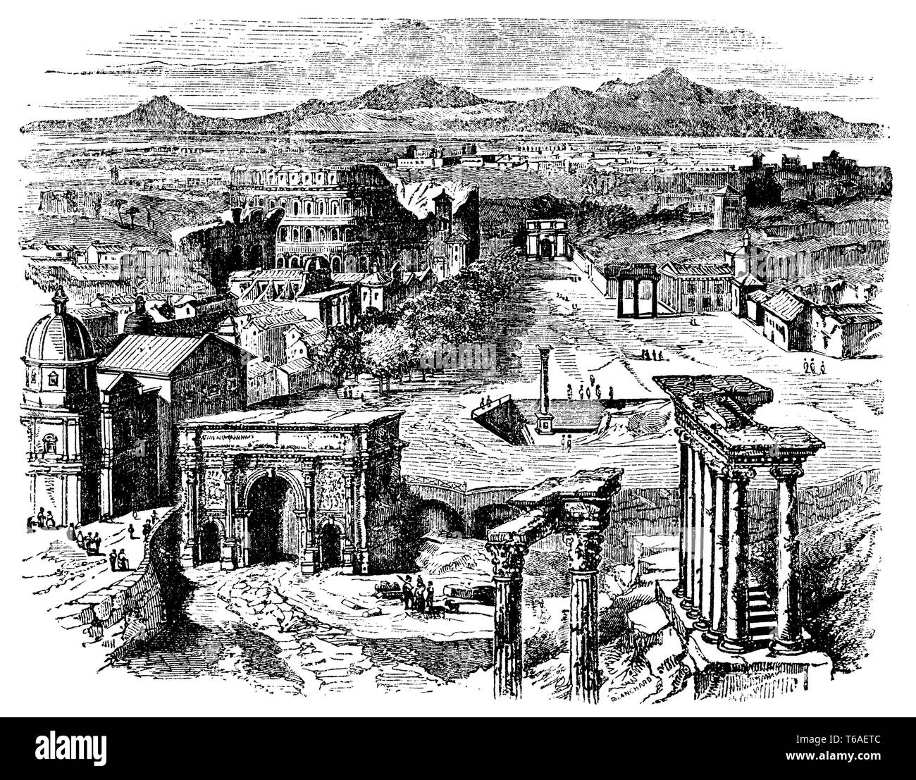 Überreste des antiken Rom rund um das Forum Romanum (Kolosseum, Titus' Arc de Triomphe; Severus etc.), 1885 Stockfoto