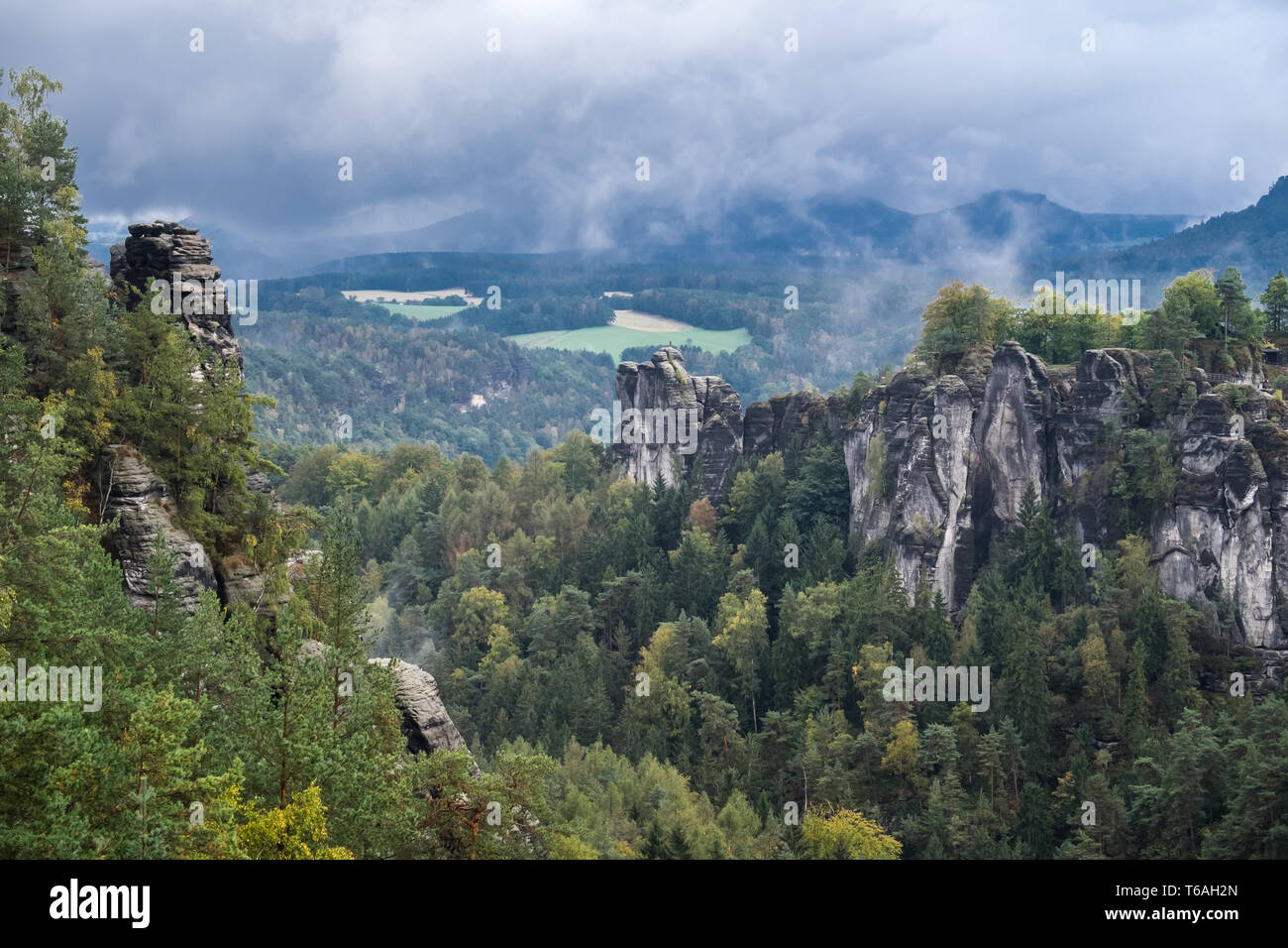 Die Bastei Felsen, Elbsandstein Hochland, Nationalpark Sächsische Schweiz, Deutschland Stockfoto