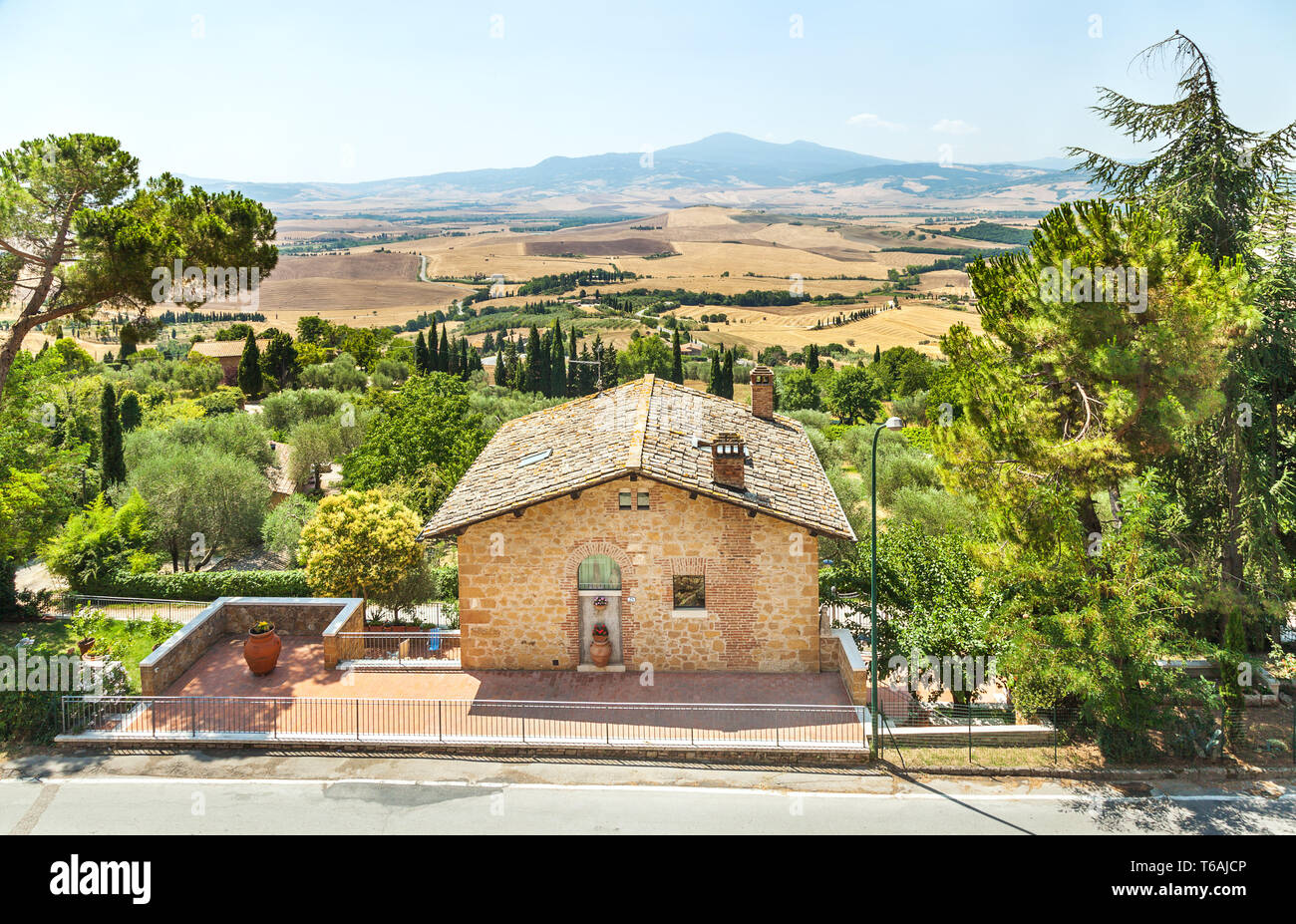 Blick auf die toskanische Landschaft von Pienza. Italien Stockfoto