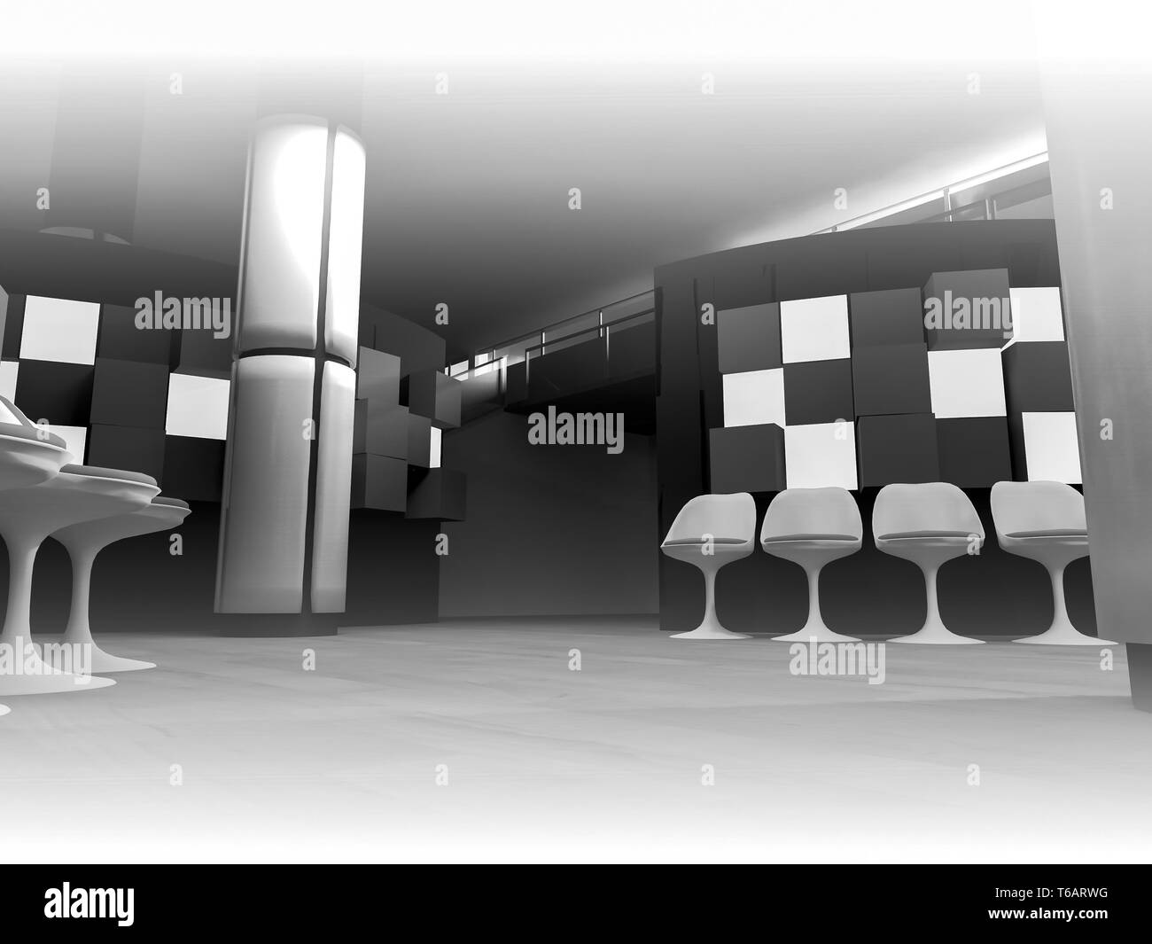 Rendern Sie, Wartezimmer mit Stühlen im Krankenhaus, Reinraum mit Formen in 3d, Geschäftsflächen und arbeiten Stockfoto